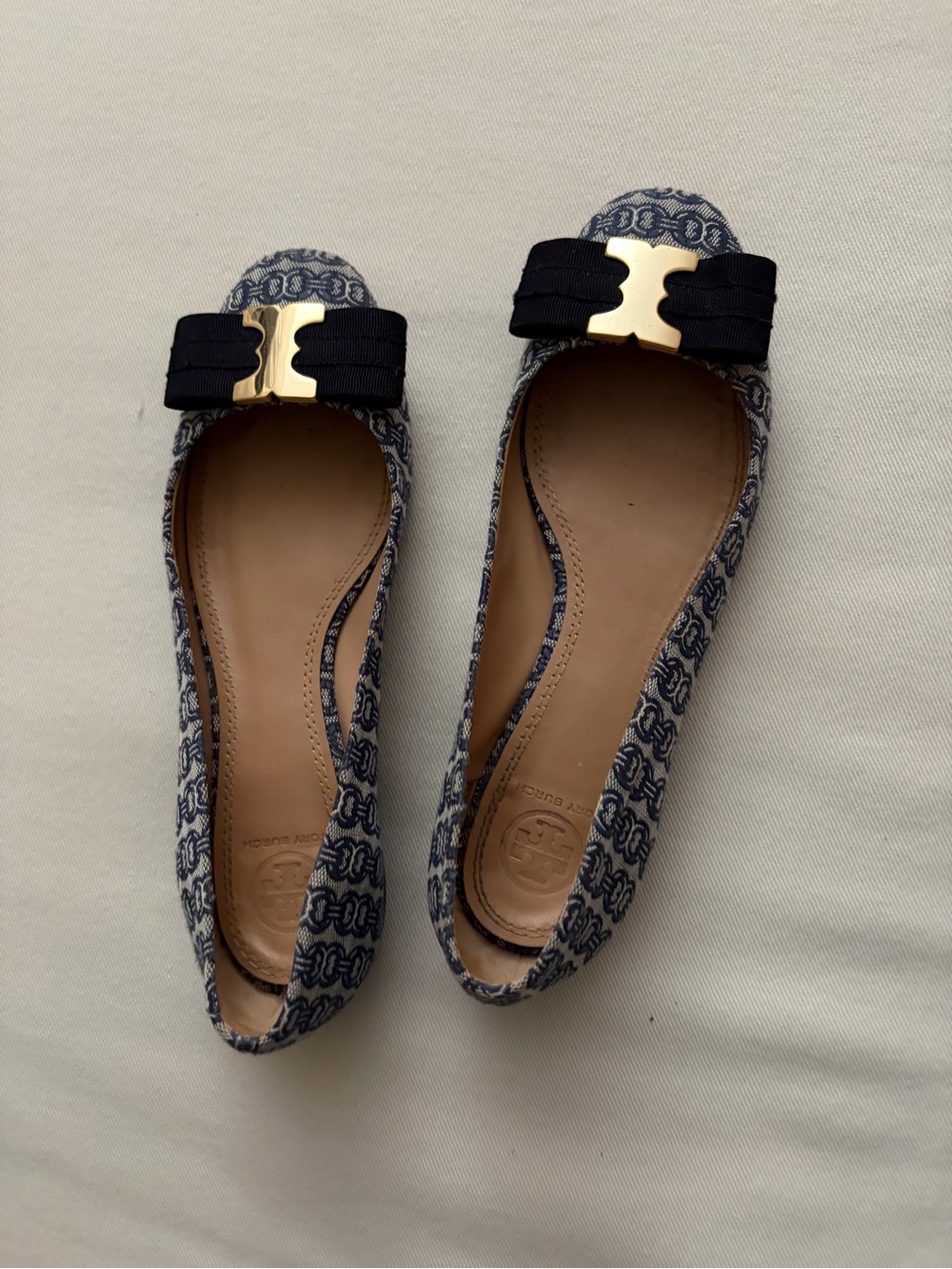 Tory Burch Navy Patterned Logo Bow Flats with Gold Hardware